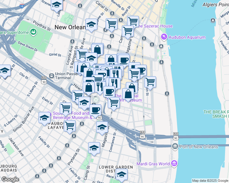 map of restaurants, bars, coffee shops, grocery stores, and more near 852 Camp Street in New Orleans