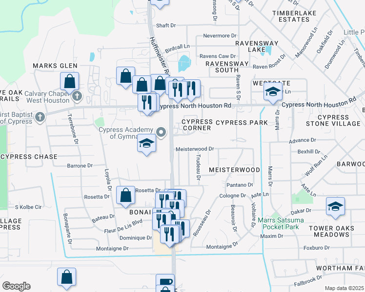 map of restaurants, bars, coffee shops, grocery stores, and more near 13726 Meisterwood Drive in Houston