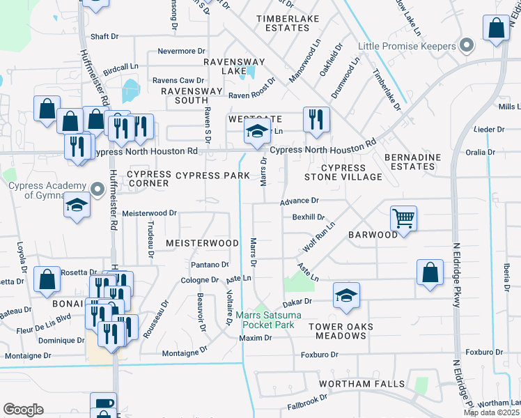 map of restaurants, bars, coffee shops, grocery stores, and more near 11715 Marrs Drive in Houston
