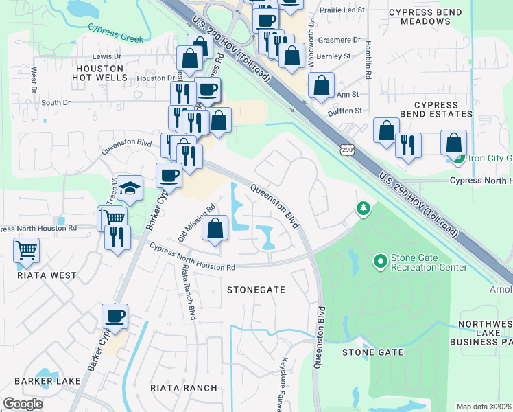 map of restaurants, bars, coffee shops, grocery stores, and more near 16611 Island Shore Court in Houston