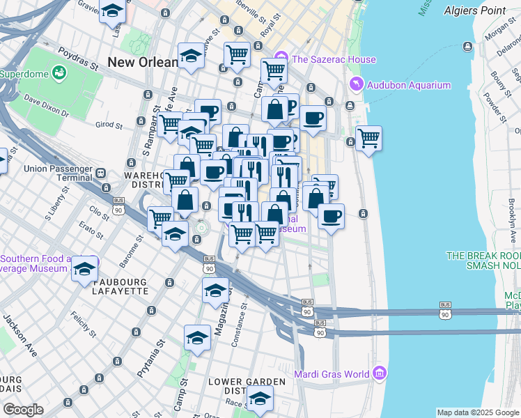 map of restaurants, bars, coffee shops, grocery stores, and more near 817 Constance Street in New Orleans
