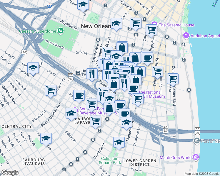 map of restaurants, bars, coffee shops, grocery stores, and more near Saint Charles Streetcar Line Spur in New Orleans