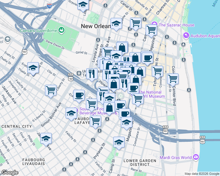 map of restaurants, bars, coffee shops, grocery stores, and more near Saint Charles Streetcar Line Spur in New Orleans