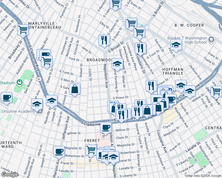 map of restaurants, bars, coffee shops, grocery stores, and more near 3435 Napoleon Avenue in New Orleans