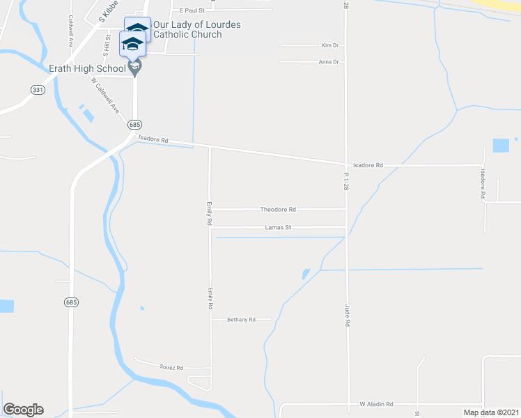 map of restaurants, bars, coffee shops, grocery stores, and more near 43331 Theodore Road in Erath