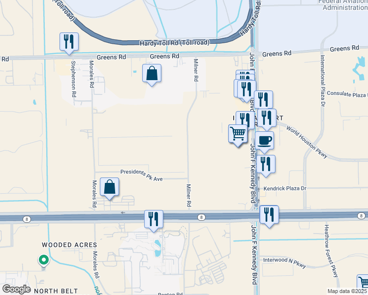 map of restaurants, bars, coffee shops, grocery stores, and more near 15525 Milner Road in Houston