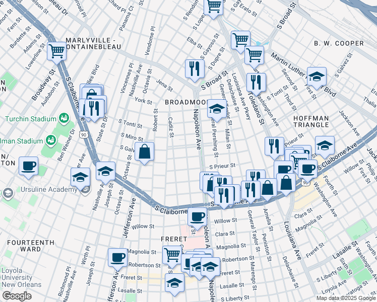 map of restaurants, bars, coffee shops, grocery stores, and more near 4444 South Galvez Street in New Orleans