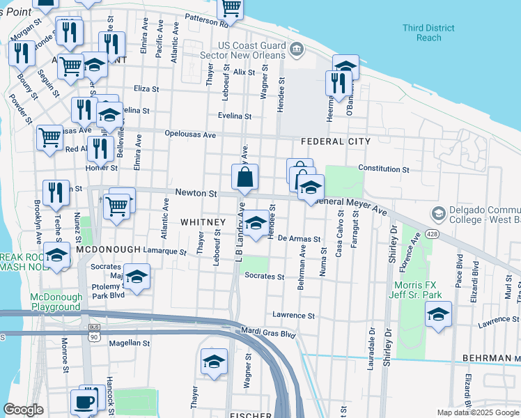 map of restaurants, bars, coffee shops, grocery stores, and more near 1021 Hendee Street in New Orleans