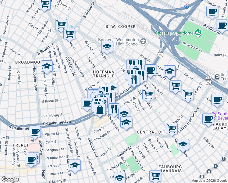 map of restaurants, bars, coffee shops, grocery stores, and more near 3032 Second Street in New Orleans