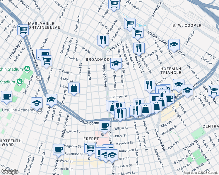 map of restaurants, bars, coffee shops, grocery stores, and more near 3435 Napoleon Avenue in New Orleans