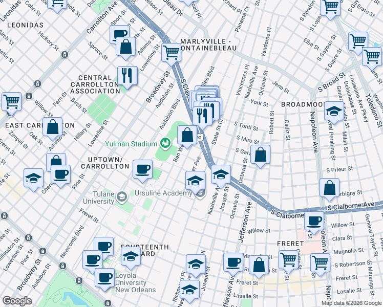 map of restaurants, bars, coffee shops, grocery stores, and more near 2926 Palmer Avenue in New Orleans