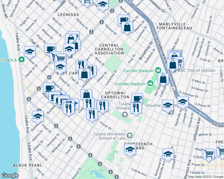 map of restaurants, bars, coffee shops, grocery stores, and more near 1432 Broadway Street in New Orleans