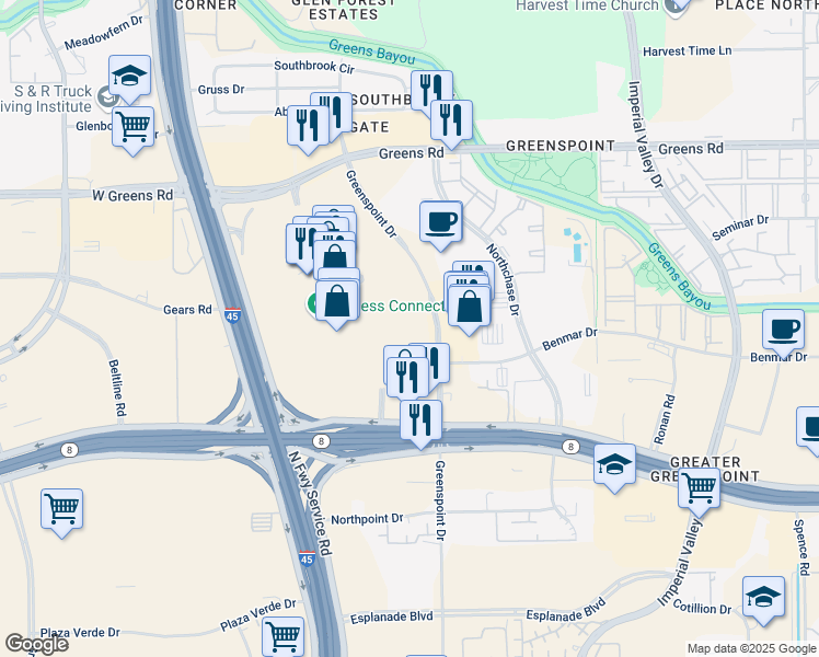 map of restaurants, bars, coffee shops, grocery stores, and more near 100 Greenspoint Drive in Houston