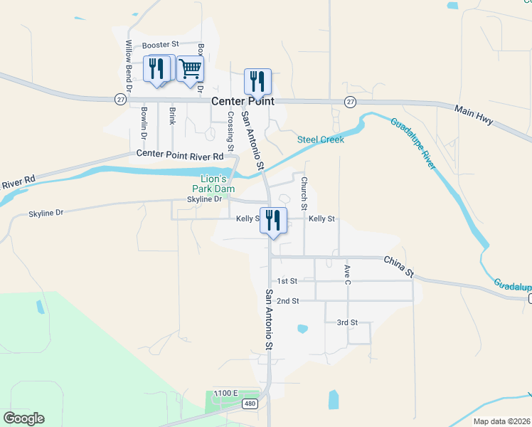 map of restaurants, bars, coffee shops, grocery stores, and more near 221 San Antonio Street in Center Point