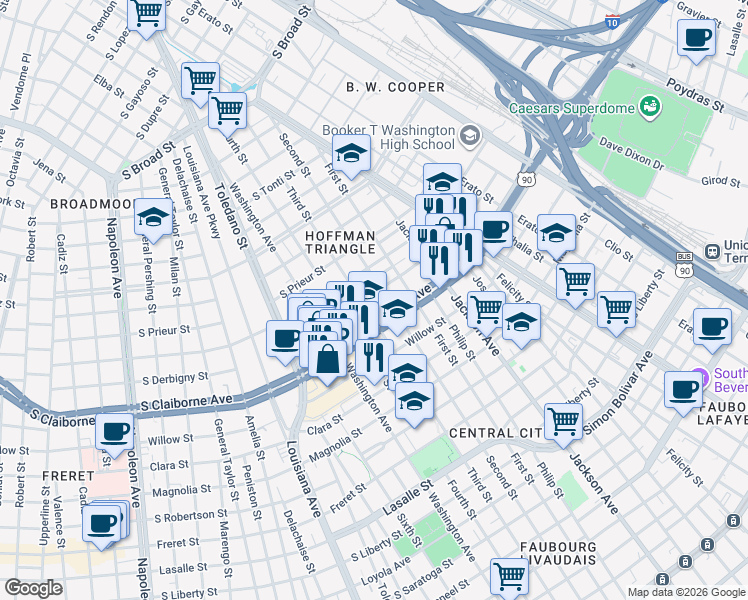 map of restaurants, bars, coffee shops, grocery stores, and more near 3032 Second Street in New Orleans