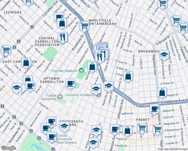map of restaurants, bars, coffee shops, grocery stores, and more near 2926 Palmer Avenue in New Orleans