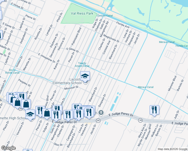 map of restaurants, bars, coffee shops, grocery stores, and more near 3321 Corinne Drive in Chalmette