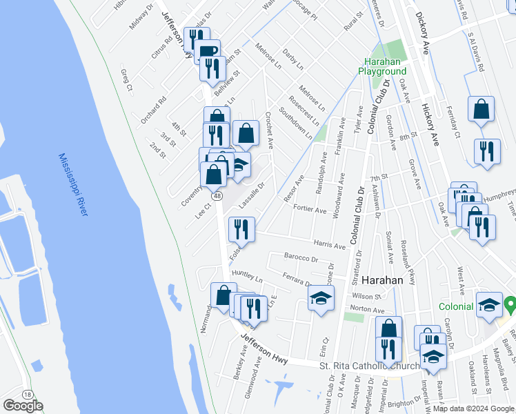map of restaurants, bars, coffee shops, grocery stores, and more near 8605 International Court in River Ridge