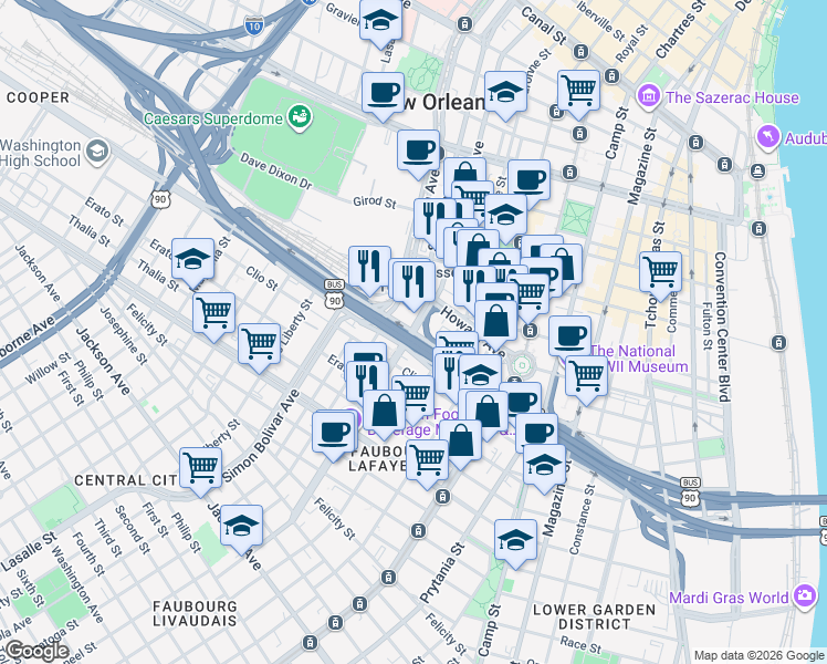 map of restaurants, bars, coffee shops, grocery stores, and more near Calliope Street in New Orleans