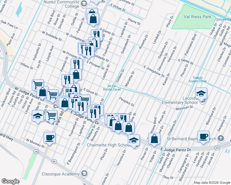 map of restaurants, bars, coffee shops, grocery stores, and more near 3008 Rosetta Drive in Chalmette