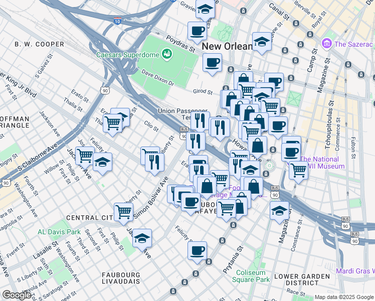 map of restaurants, bars, coffee shops, grocery stores, and more near 2050 Clio Street in New Orleans