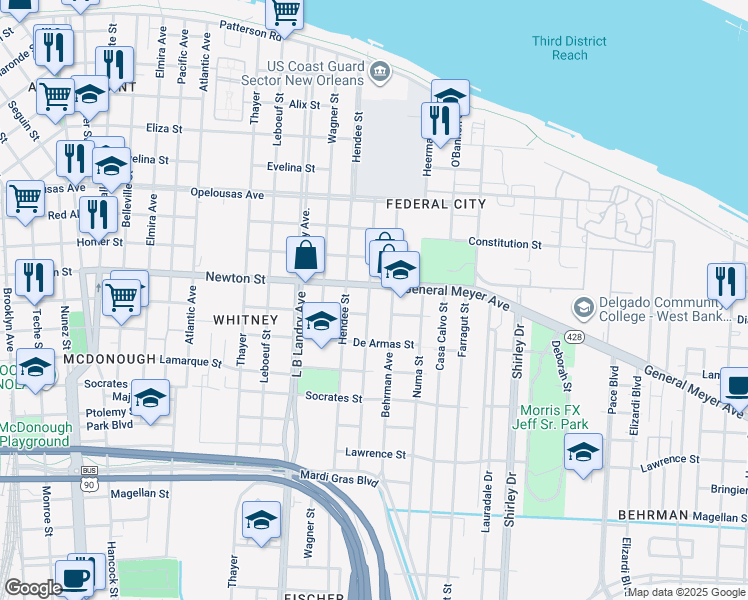map of restaurants, bars, coffee shops, grocery stores, and more near 1034 Sumner Street in New Orleans