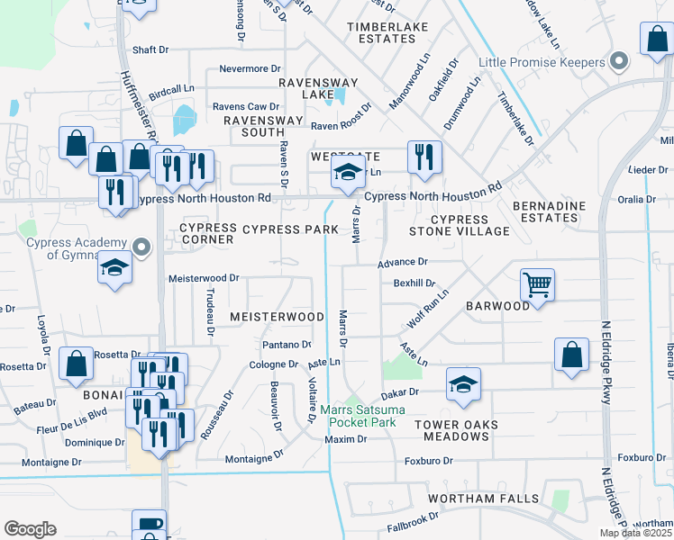 map of restaurants, bars, coffee shops, grocery stores, and more near 11715 Marrs Drive in Houston