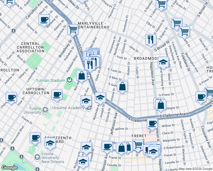 map of restaurants, bars, coffee shops, grocery stores, and more near 3127 Nashville Avenue in New Orleans