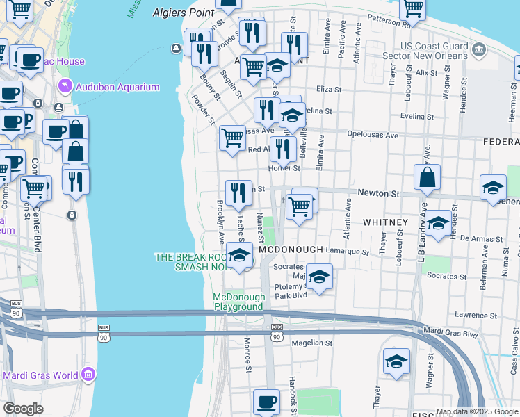 map of restaurants, bars, coffee shops, grocery stores, and more near 500 Diana Street in New Orleans
