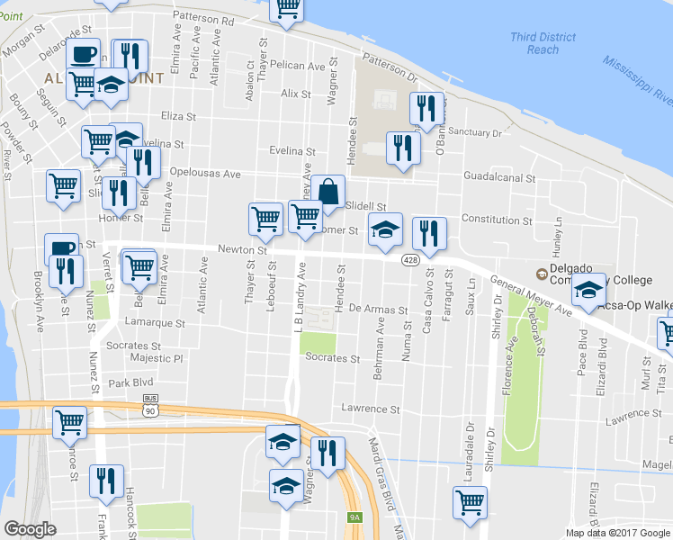 map of restaurants, bars, coffee shops, grocery stores, and more near 1021 Hendee Street in New Orleans