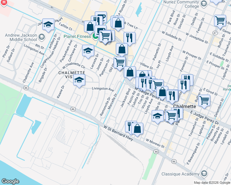 map of restaurants, bars, coffee shops, grocery stores, and more near 2418 Marcelle Drive in Chalmette