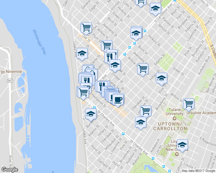 map of restaurants, bars, coffee shops, grocery stores, and more near 7925 Burthe Street in New Orleans