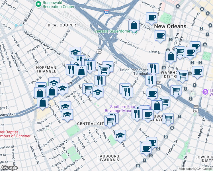 map of restaurants, bars, coffee shops, grocery stores, and more near 2604 Martin Luther King Junior Boulevard in New Orleans