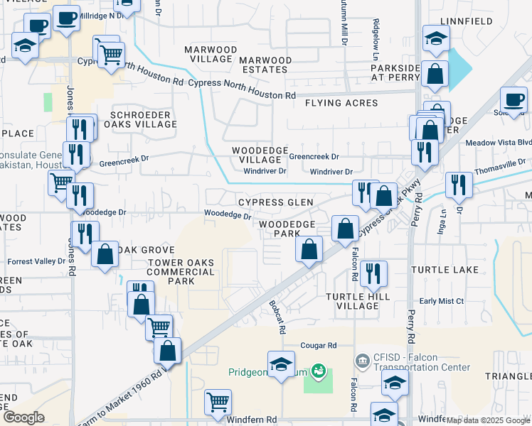 map of restaurants, bars, coffee shops, grocery stores, and more near 10116 Emerald Oaks Drive in Houston