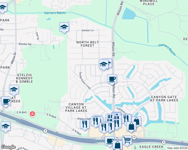 map of restaurants, bars, coffee shops, grocery stores, and more near 4418 Indian Gardens Way in Humble