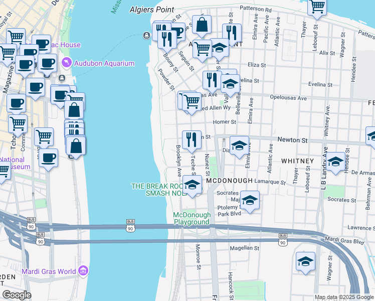 map of restaurants, bars, coffee shops, grocery stores, and more near 322 Diana Street in New Orleans