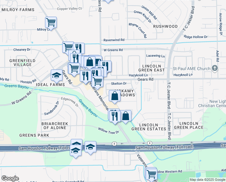 map of restaurants, bars, coffee shops, grocery stores, and more near 2811 Ashington Drive in Houston