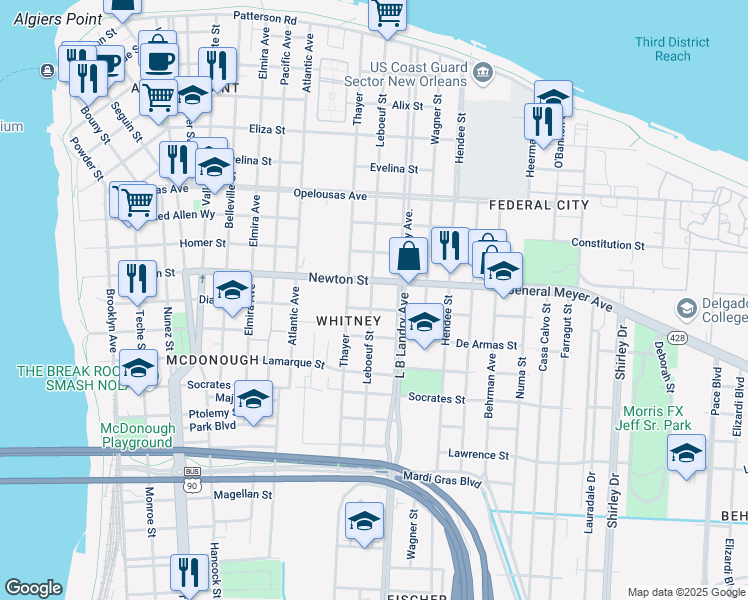 map of restaurants, bars, coffee shops, grocery stores, and more near 1034 Leboeuf Street in New Orleans