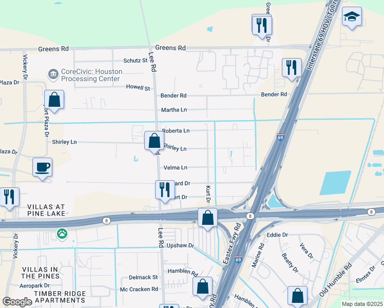 map of restaurants, bars, coffee shops, grocery stores, and more near 5912 Shirley Lane in Humble