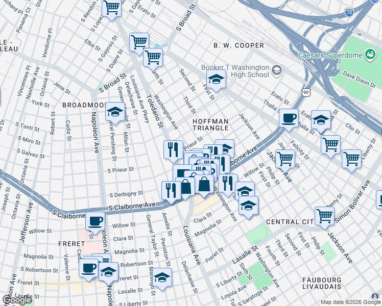 map of restaurants, bars, coffee shops, grocery stores, and more near 3216 Washington Avenue in New Orleans