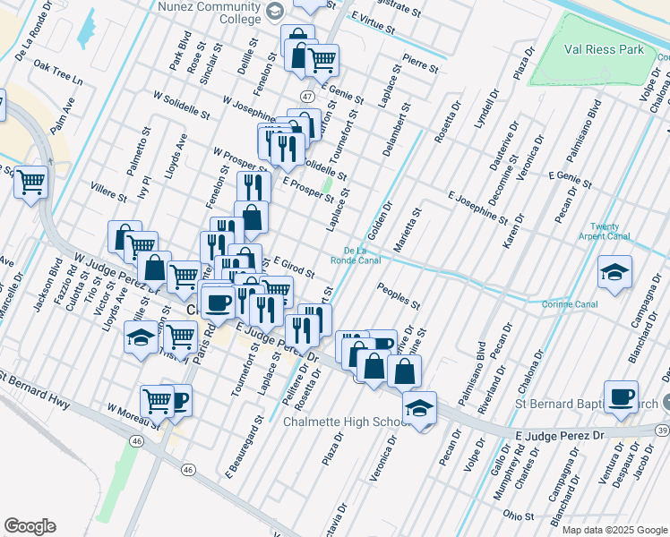 map of restaurants, bars, coffee shops, grocery stores, and more near 2916 Delambert Street in Chalmette