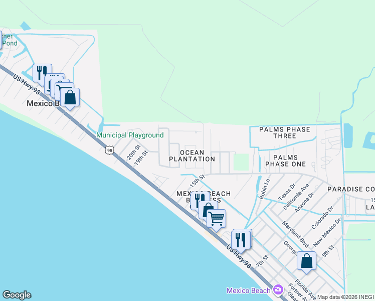map of restaurants, bars, coffee shops, grocery stores, and more near 231 Charles Corner in Mexico Beach