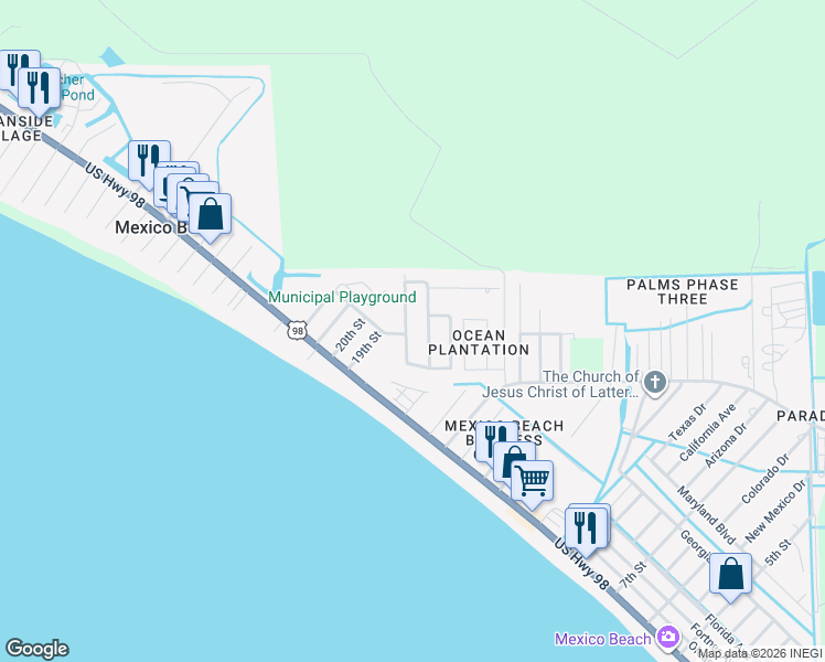map of restaurants, bars, coffee shops, grocery stores, and more near 228 Nannook Road in Mexico Beach
