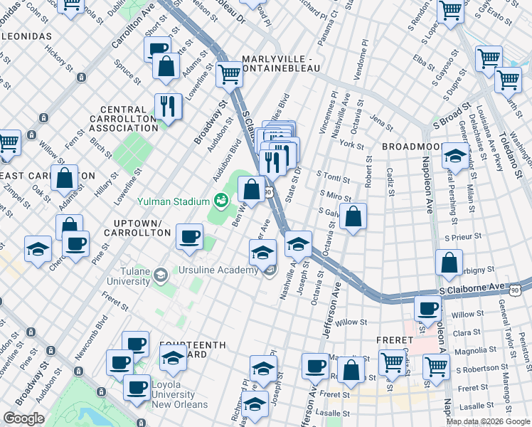 map of restaurants, bars, coffee shops, grocery stores, and more near 2926 Palmer Avenue in New Orleans