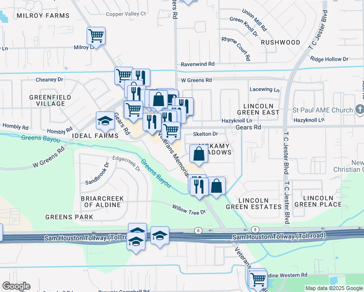 map of restaurants, bars, coffee shops, grocery stores, and more near 11248 Veterans Memorial Drive in Houston
