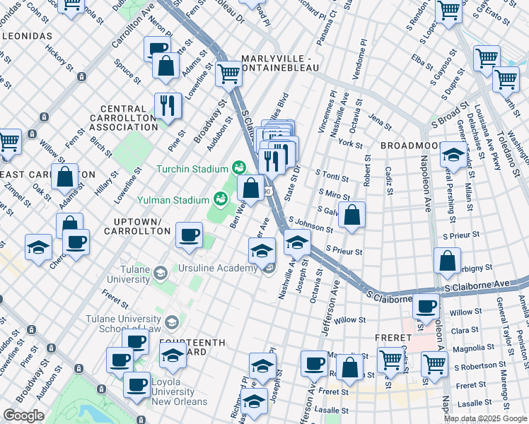 map of restaurants, bars, coffee shops, grocery stores, and more near 2926 Palmer Avenue in New Orleans