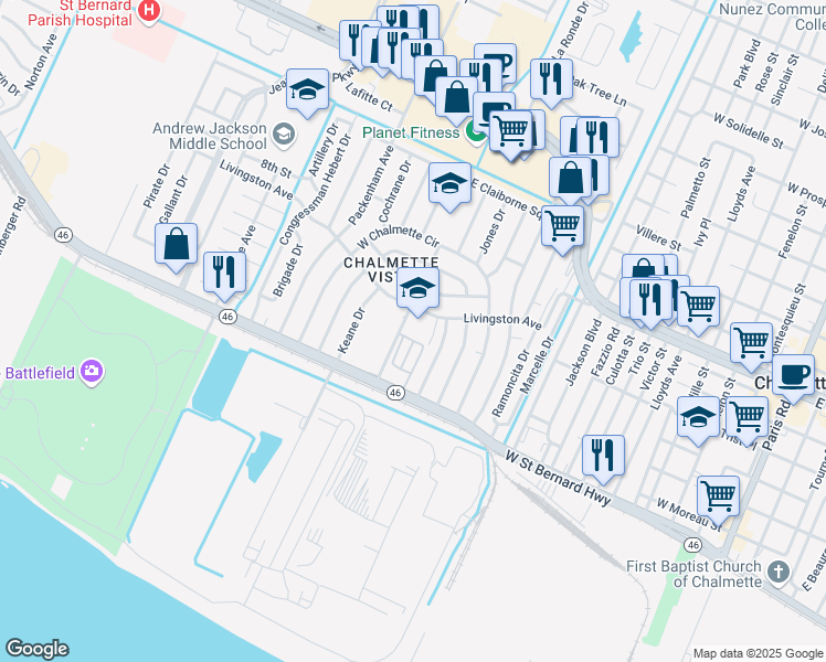 map of restaurants, bars, coffee shops, grocery stores, and more near 49 Madison Avenue in Chalmette