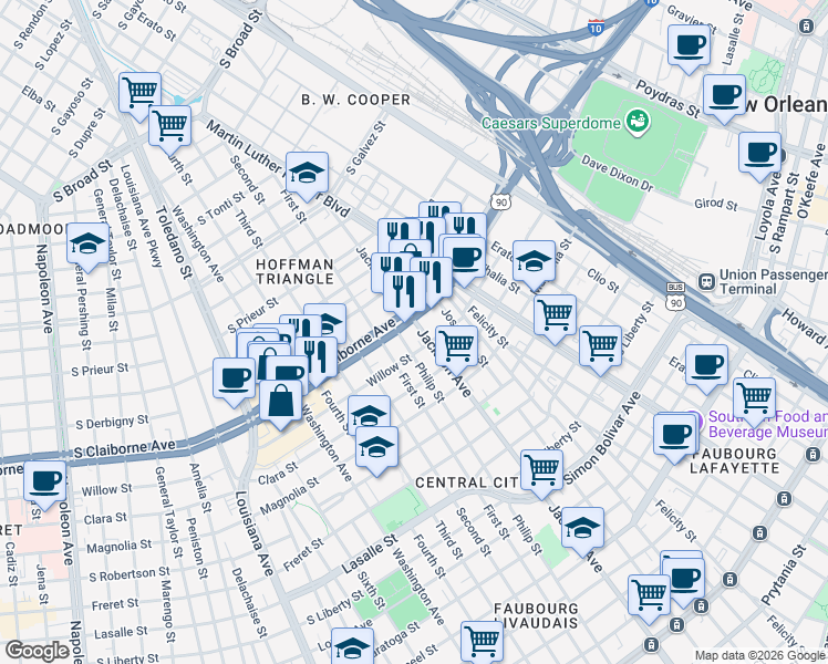 map of restaurants, bars, coffee shops, grocery stores, and more near 2822 Jackson Avenue in New Orleans