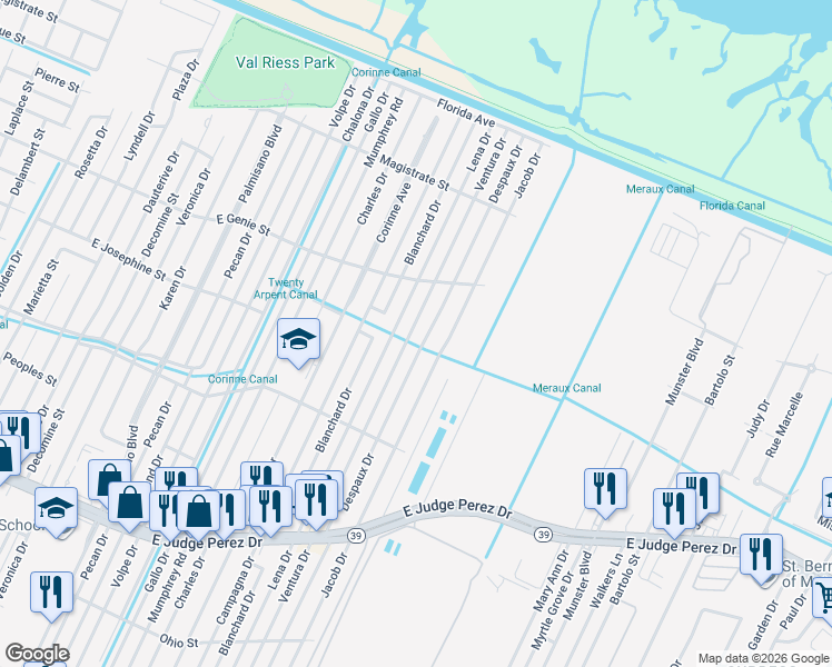 map of restaurants, bars, coffee shops, grocery stores, and more near 3421 Ventura Drive in Chalmette