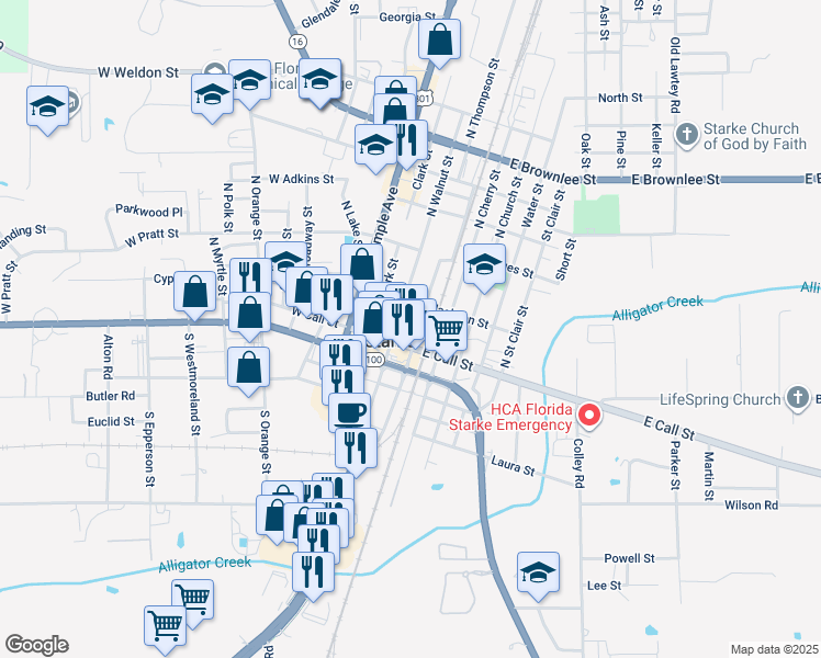 map of restaurants, bars, coffee shops, grocery stores, and more near 140 North Thompson Street in Starke